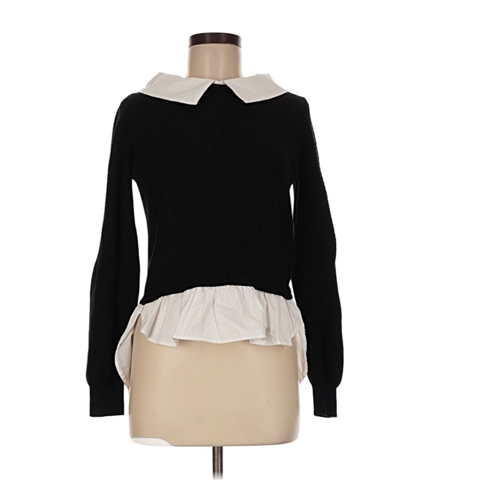THML Womens Black White Peter Pan Collar Peplum Button Back Sweater Size M